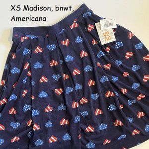 XS Lularoe Madison full Skirt, Americana hearts, stars, and stripes
